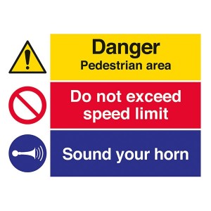 Danger Pedestrian Area / Speed Limit / Sound Your Horn - Landscape - Large