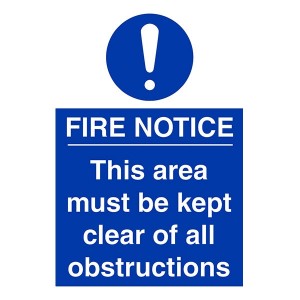 Fire Notice - This Area Must Be Kept Clear Of All Obstructions - Portrait