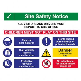 Site Safety - 2 COLUMNS - Hard Hat / High Visibility / Parents Warn Children / No Admittance - Landscape - Large