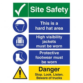 Site Safety - Hard Hat Area / High Visibility / Footwear / Stop. Look. Listen - Portrait