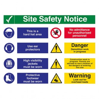 Site Safety - 2 COLUMNS - Hard Hat / Ear Protectors / Demolition / Overhead Loads - Landscape - Large