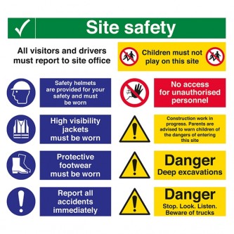 Site Safety / All Visitors Must Report / Children Must Not Play / Safety Helmets - Landscape - Large
